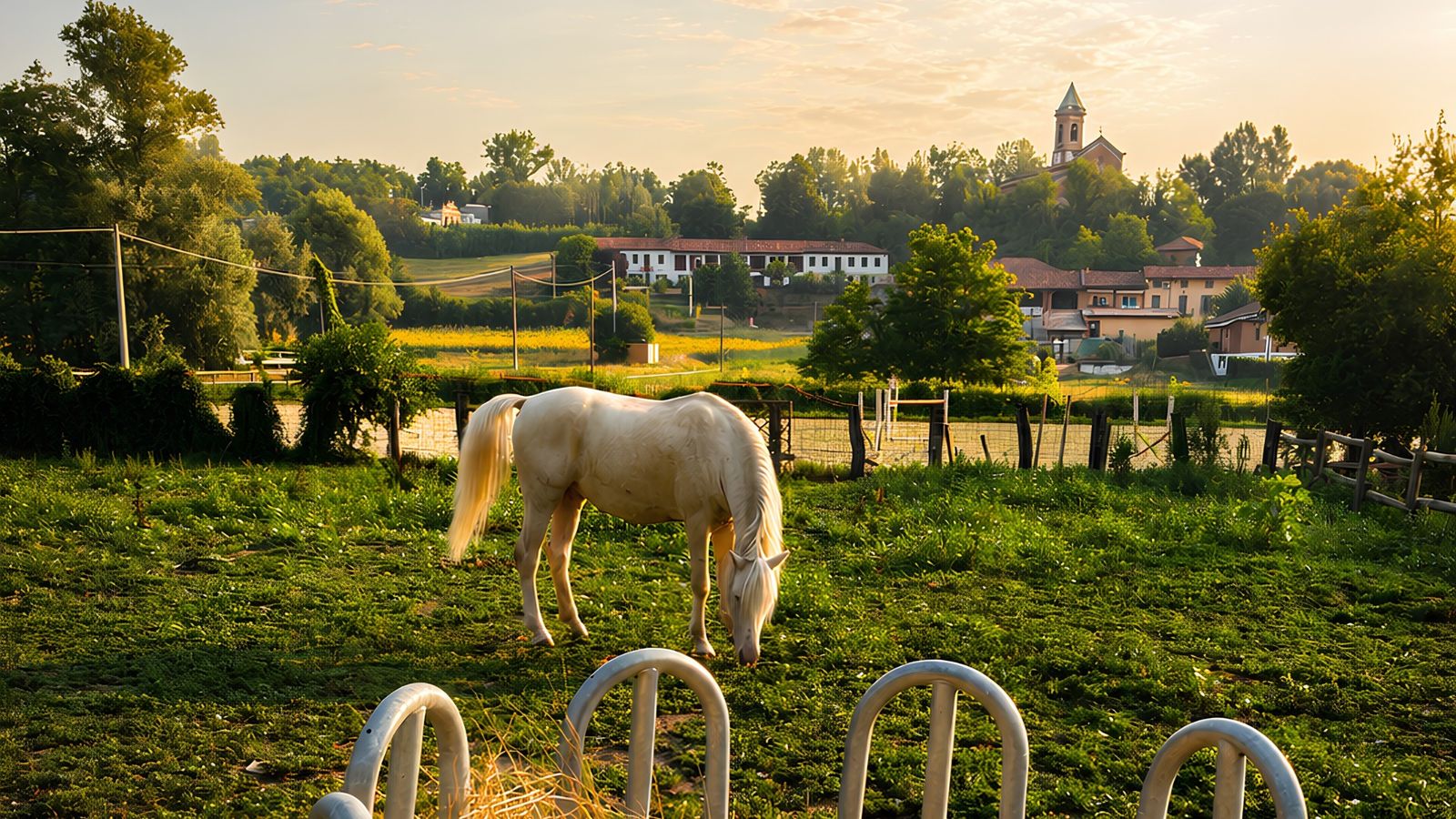 Il cavallo bianco al pascolo davanti alle case di Callianetto, al tramonto
