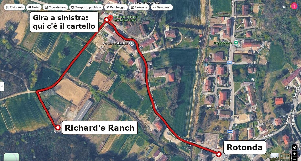 Mappa dall'alto con il percorso segnato: dalla rotonda si prende via Montechiaro e si gira a sinistra fino a Richard's Ranch